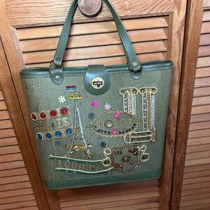 Vintage 1960 Paris Rome London Green Bag Enid Collin Style Wood Base